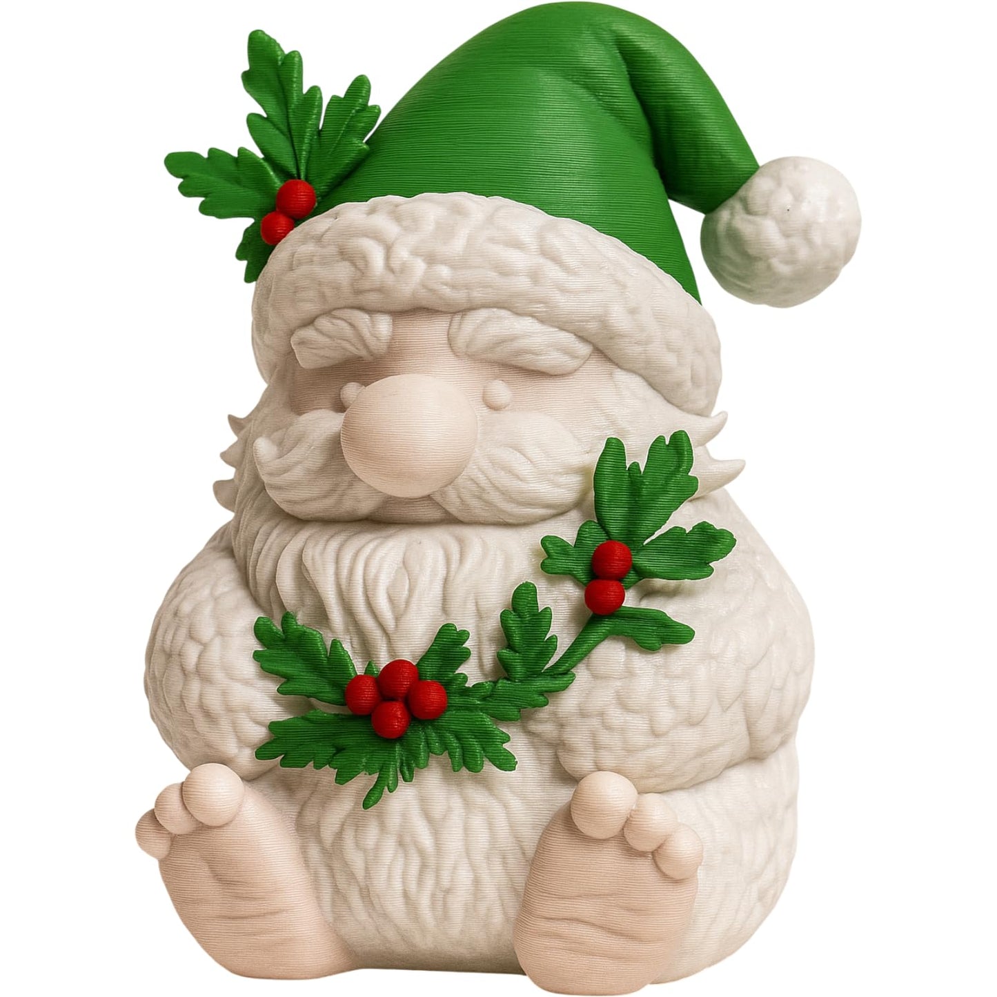 Christmas Big Foot Gnome Figurine – White Sasquatch-Inspired Holiday Creature with Green Hat & Mistletoe Garland – Festive Winter Shelf Sitter – 3D Printed in Canada