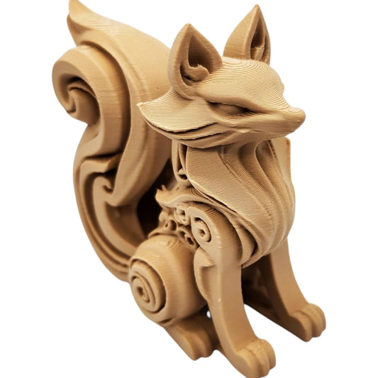 Wood-Carved Fox Figurine – Elegant Woodland Animal Sculpture with Floral Detail for Shelf or Mantel – 3D Printed in Canada