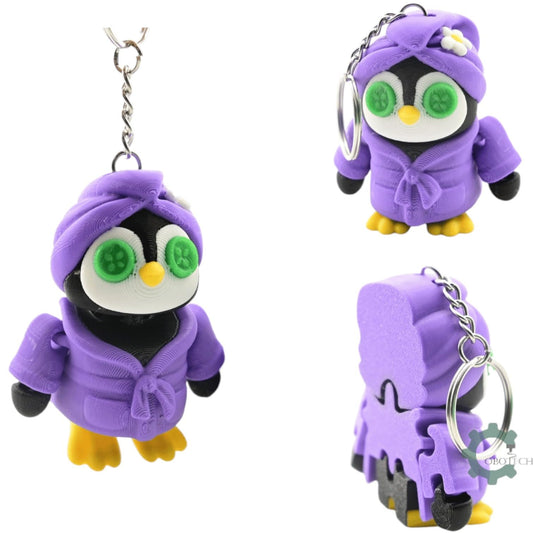3-Pack Penguin Spa Keychains – Articulated Relaxing Penguin with Bathrobe, Towel Wrap & Cucumber Eyes, Cute Fidget Gift for Teens & Adults – 3D Printed in Canada