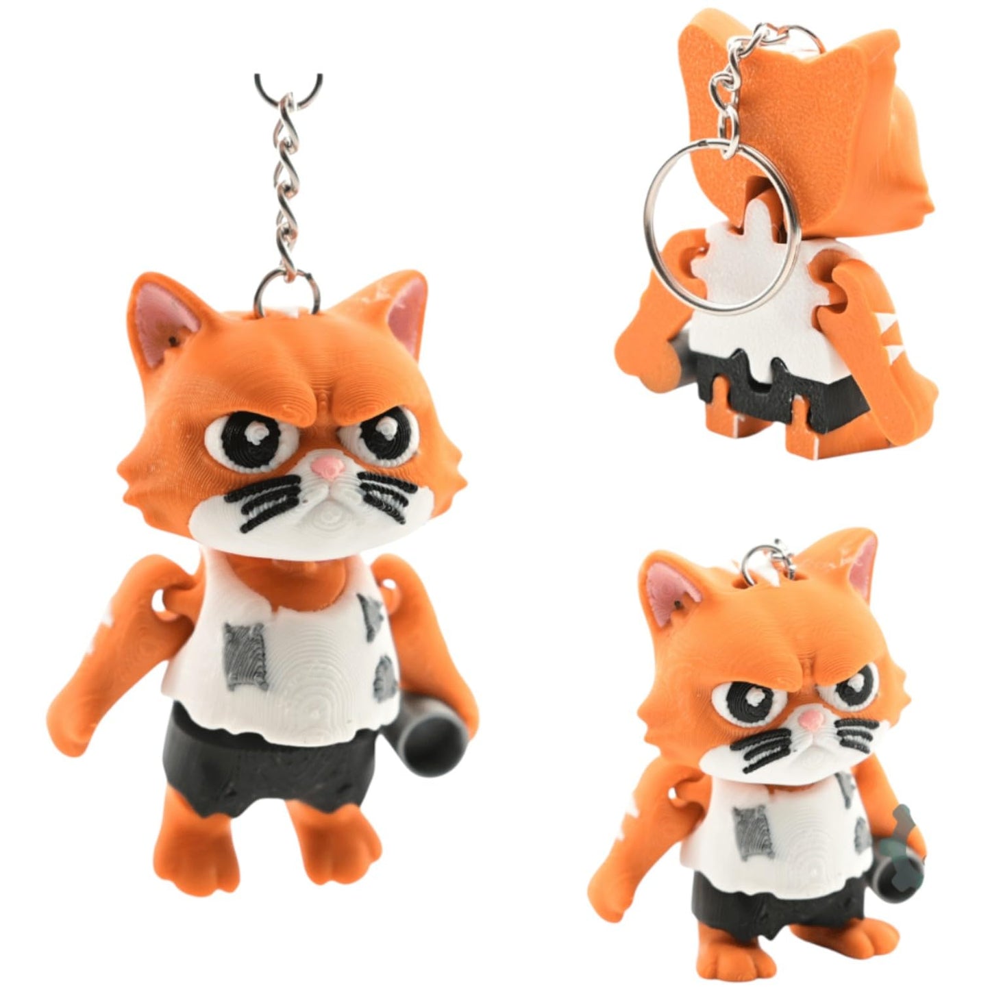 3-Pack Angry Cat Keychains – Articulated Grumpy Cat Figurine with Bat, Funny Fidget Gift for Teens & Adults, Cute Orange Kitty Charm with Keyring & Clip – 3D Printed in Canada