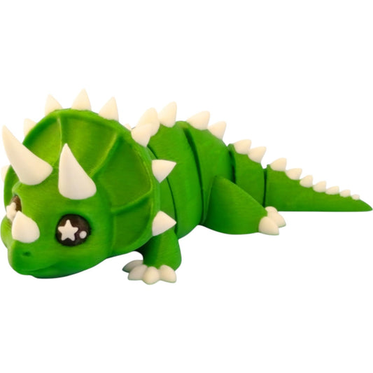 Triceratops Dinosaur Figurine – Articulated Green Dino with Horns and Star Eyes for Collectors and Desk Display – 3D Printed in Canada