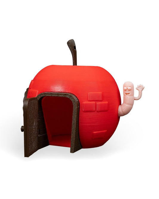 Apple Shed Fairy House – Whimsical Decorative Storage with Door & Worm Buddy – Playful Apple Figurine – 3D Printed in Canada