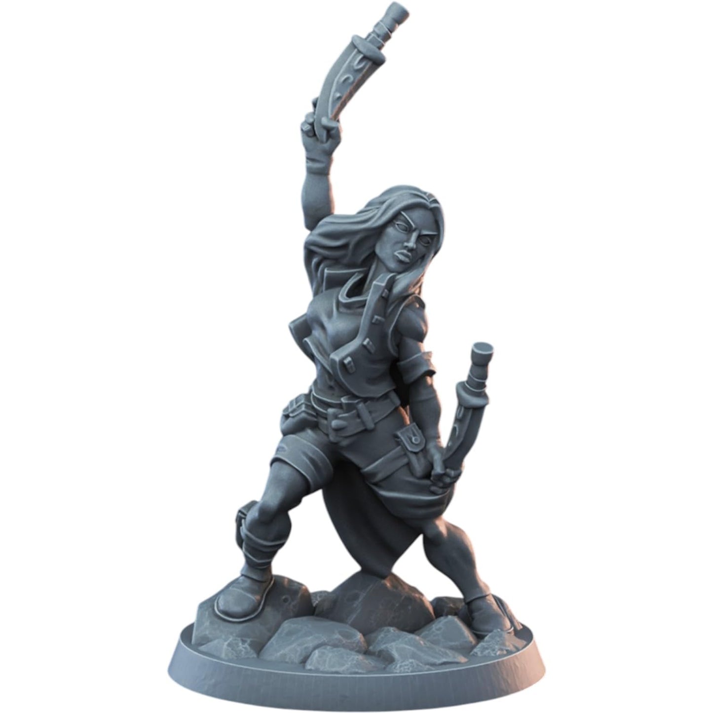 Rogue Female Dual-Dagger Miniature for Fantasy Tabletop Games – Dynamic Adventurer Pose – Unpainted 3D Printed RPG Figure