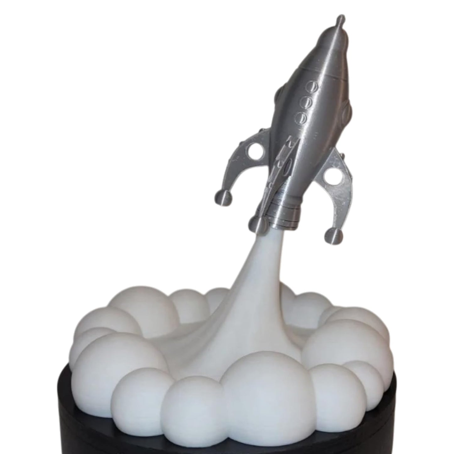 Retro Rocket Ring Tray – 3D Printed Spaceship Jewelry Dish with Blast-Off Smoke Cloud Base – Sci-Fi Coin Holder for Desk or Dresser – 3D Printed in Canada