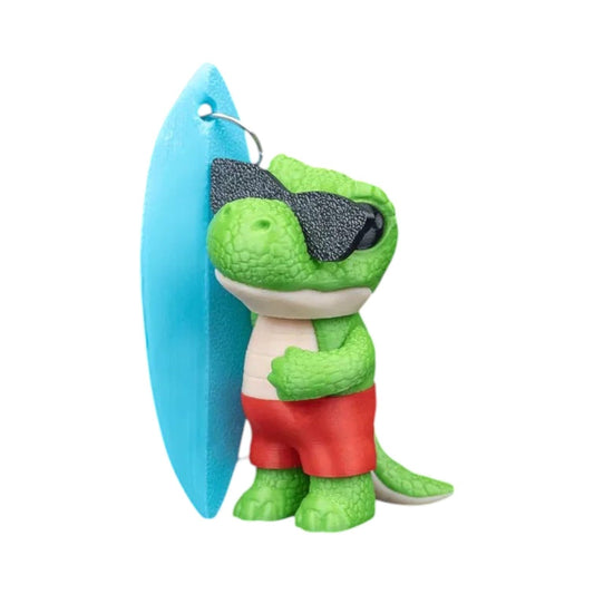 Tyrannosurf Dinosaur Surfing Keychain – Pack of 5 Figurine – Cool Green Dino with Sunglasses, Red Shorts & Blue Surfboard – Backpack, Purse, Lanyard or Zipper Accessory – 3D Printed in Canada