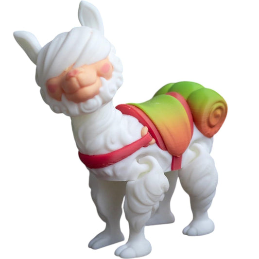 Adorable Articulated Alpaca – Poseable White Llama Figurine with Colorful Saddle for Teens & Adults – 3D Printed in Canada