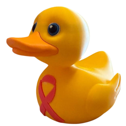 Cancer Awareness Rubber Duck Figurine – Bold Pink Ribbon Display Duck for Desk, Shelf or Gifts – Collectible Yellow Duck Decor for Support & Hope – 3D Printed in Canada