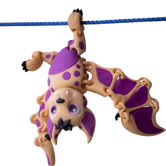 Adorable Articulated Halloween Bat – Poseable Purple & Beige Winged Creature Figurine for Teens & Adults – 3D Printed in Canada