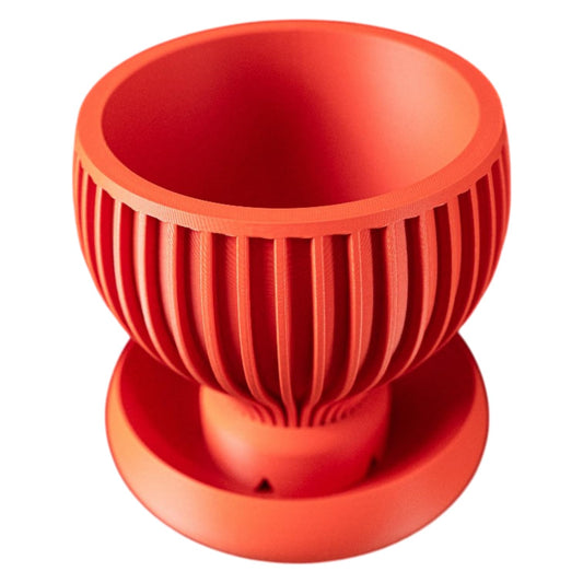 Red Vertical-Ribbed Planter Pot with Matching Tray – Yin-Inspired Indoor Container for Succulents & Houseplants – 3D Printed in Canada