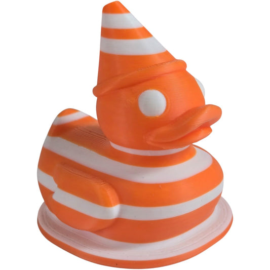 Traffic Cone Duck Figurine – Funny Striped Rubber Duck Collectible for Desk, Shelf or Gag Gift Décor – 3D Printed in Canada