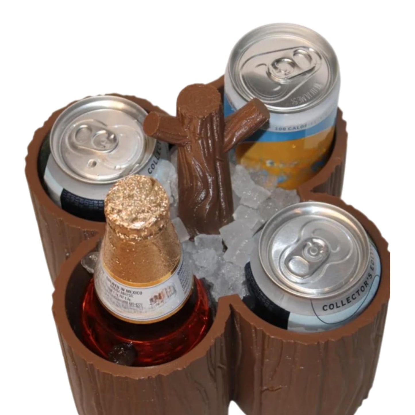 Rustic Wood-Style 4-Pack Beer and Soda Holder with Ice Compartment – Party Drink Organizer for Cans and Bottles – Funny Backyard Beverage Cooler – 3D Printed in Canada
