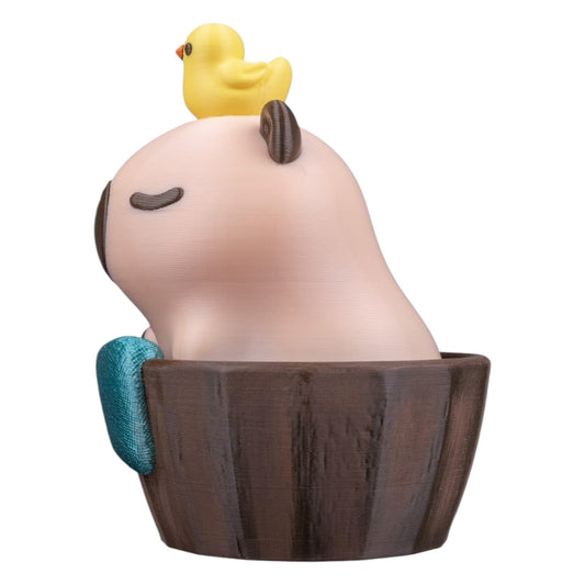 Capybathing Figurine – Relaxing Desk Decoration – Capybara in Wooden Bath Collectible – 3D Printed in Canada