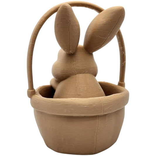 Rabbit in Basket Figurine – Cute Easter Bunny Shelf Decor, Paintable Spring Ornament – 3D Printed in Canada
