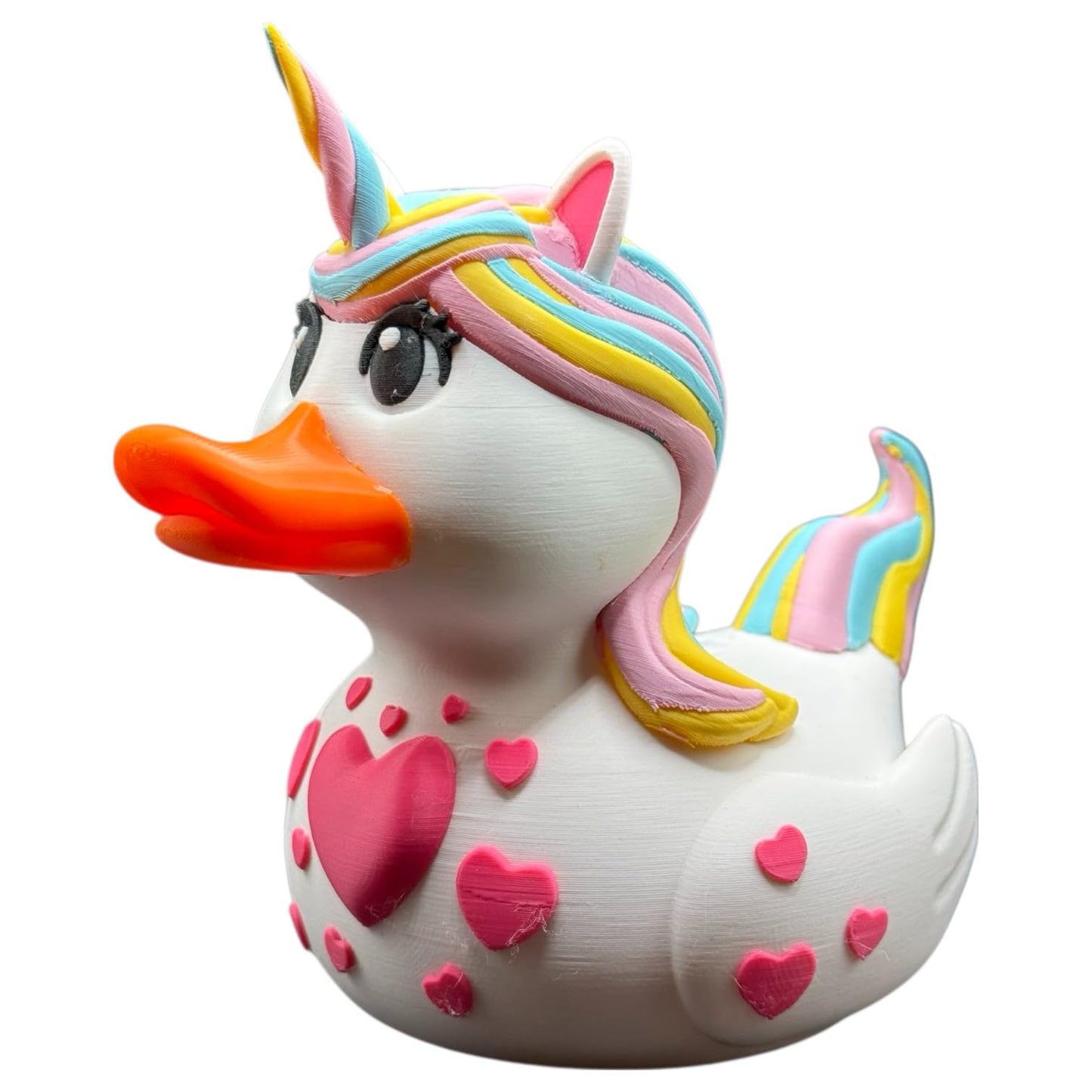 Valentine’s Unicorn Duck Figurine – Cute Rainbow Duckicorn with Hearts for Desk, Shelf, or Bath Display – Whimsical Romantic Decor Gift – 3D Printed in Canada