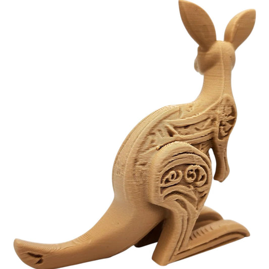Wood-Carved Kangaroo Figurine – Stylized Australian Marsupial Sculpture with Tribal Accents – 3D Printed in Canada