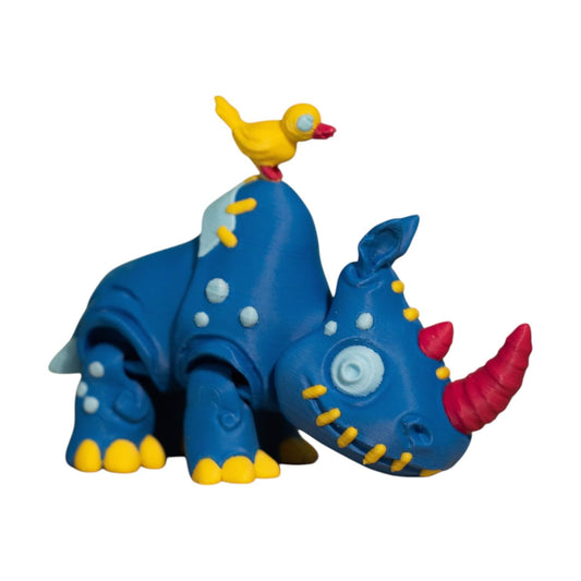 Stuffed Rhino Figurine – Blue Fantasy Rhino with Red Horn & Yellow Bird, Collectible Creature Desk Toy for Adults & Teens – 3D Printed in Canada