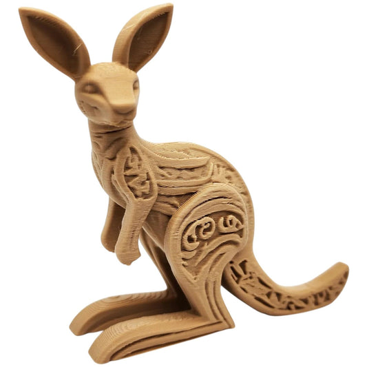 Wood-Carved Kangaroo Figurine – Stylized Australian Marsupial Sculpture with Tribal Accents – 3D Printed in Canada