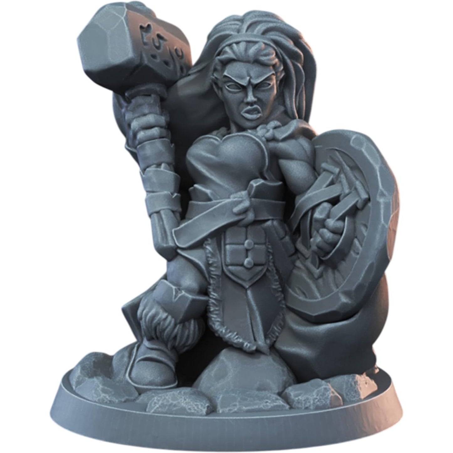 Dwarf Female Miniature for Fantasy TTRPGs – 32mm Warrior Model with Hammer and Shield for Tabletop Roleplaying & Painting – 3D Printed in Canada