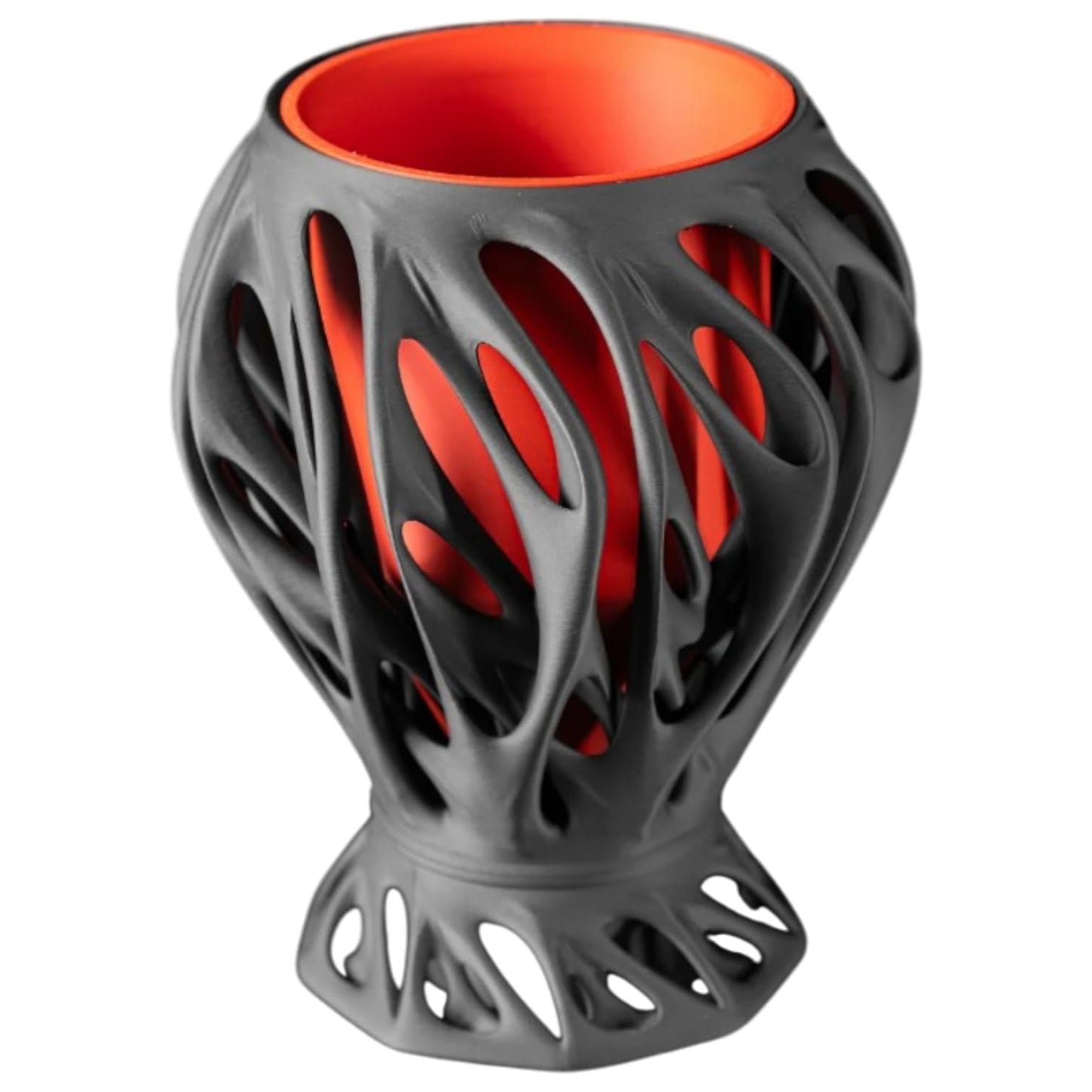 Black Sculptural Planter Pot with Organic Cutout Shell & Red Inner Core – Mantis-Inspired Indoor Statement Piece – 3D Printed in Canada