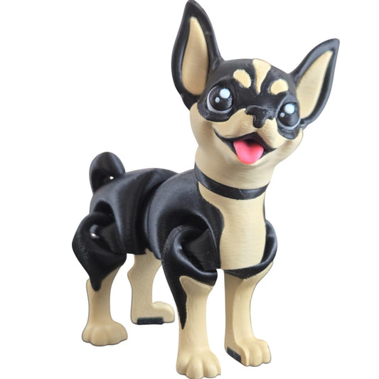 Adorable Chihuahua Puppy Figurine – Posable Fidget Dog Sculpture for Desk or Shelf Display – Black and White Cartoon Style Collectible – 3D Printed in Canada
