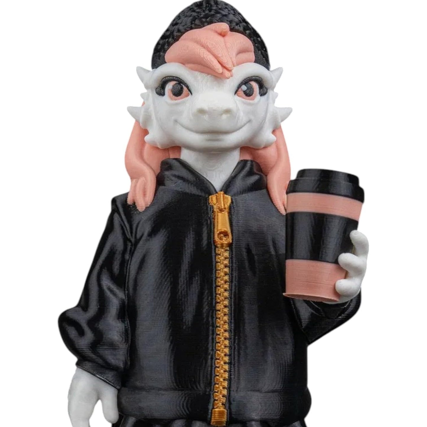 Lhukyveth “Lucy” Urban Creature Figurine – 3D Printed Designer Figure in Streetwear with Coffee Cup & Beanie – Art Toy for Teens & Adults – 3D Printed in Canada