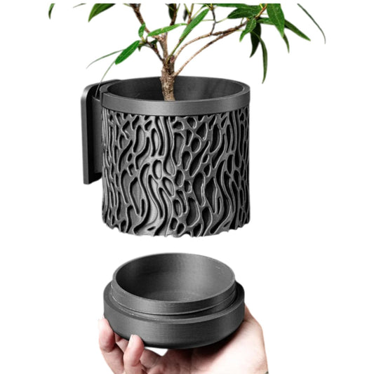 Wall-Mounted Planter Pot with Organic Lattice Design – Modern Black Indoor Plant Holder with Drainage & Reservoir – 3D Printed in Canada