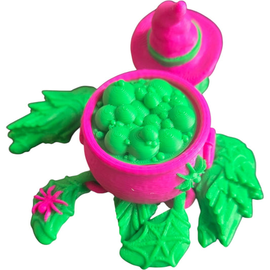 Witch Turtle Halloween Candy Holder – Articulated Witch Turtle Figurine with Cauldron Bowl – Cute Spooky Shelf Decor or Gift for Turtle Lovers – 3D Printed in Canada