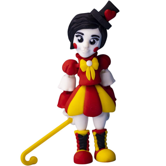 Whimsical Circus Clownette Figurine – Red & Yellow Display Model with Heart Hat and Cane – Collectible Shelf Decor for Teens & Adults – 3D Printed in Canada