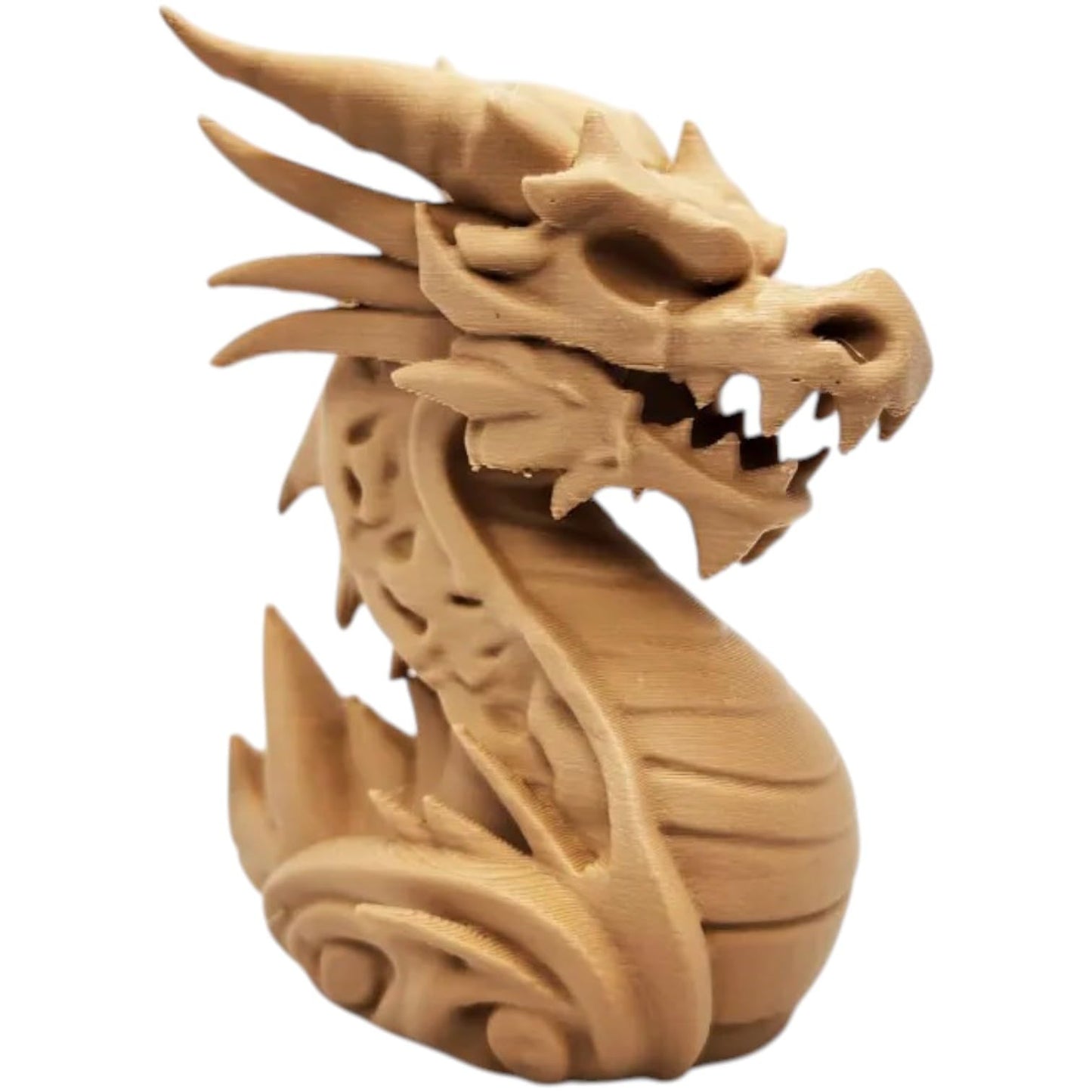 Wood-Carved Dragon Statue – Fierce Eastern-Inspired Sculpture with Spiral Base & Snarling Expression – Fantasy Shelf or Altar Decor – 3D Printed in Canada