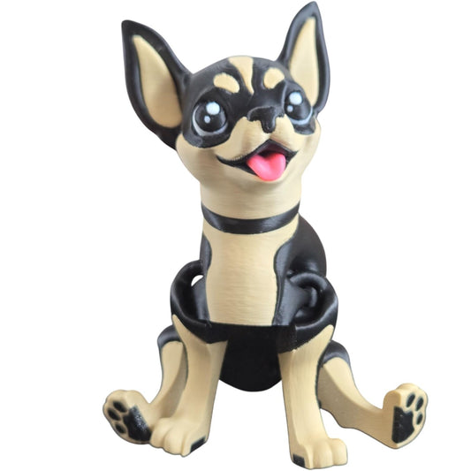 Adorable Chihuahua Puppy Figurine – Posable Fidget Dog Sculpture for Desk or Shelf Display – Black and White Cartoon Style Collectible – 3D Printed in Canada