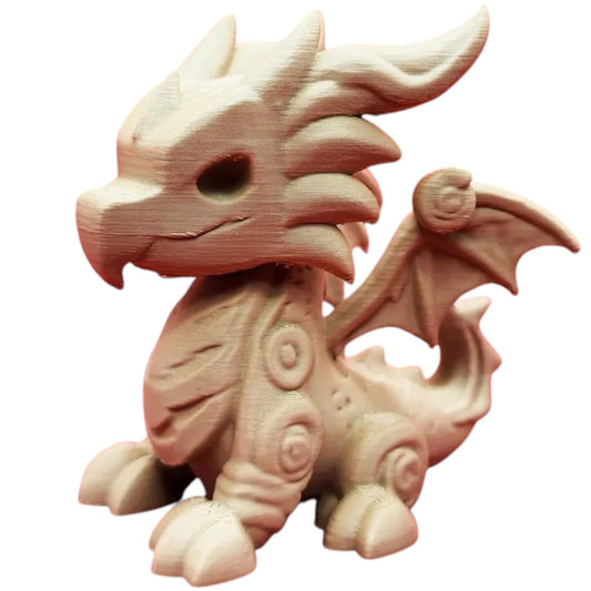 Wood-Carved Dragon Toy #2 – Whimsical Fantasy Figurine with Spiral Accents & Chibi Winged Style – Cute Display Piece or Desk Companion – 3D Printed in Canada