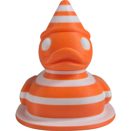 Traffic Cone Duck Figurine – Funny Striped Rubber Duck Collectible for Desk, Shelf or Gag Gift Décor – 3D Printed in Canada
