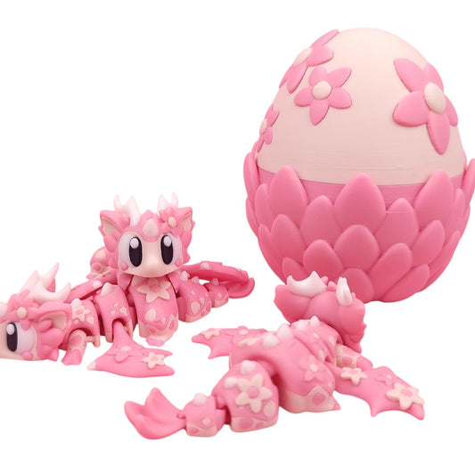 Articulated Cherry Blossom Dragon with Container Egg Shell – Articulated Spring Floral Figurine for Display or Fidgeting – Pink Flower Dragon Collectible Model – 3D Printed in Canada