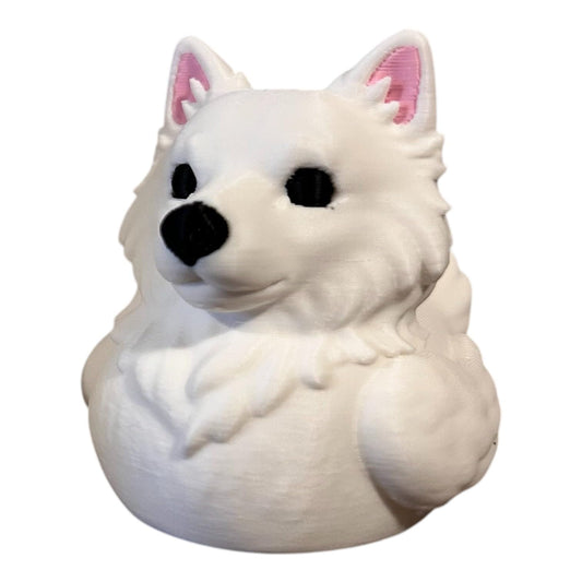American Eskimo Dog Duck Figurine – Fluffy White Dog Meets Rubber Duck in Adorable Novelty Collectible Gift – 3D Printed in Canada