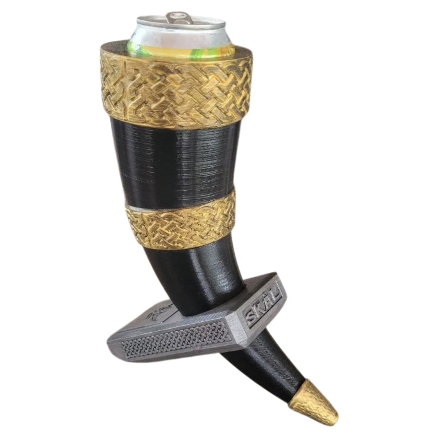 Viking Drinking Horn Beer Can Holder with Norse Details and Display Stand – Medieval-Style Beer Sleeve for 12oz Cans for Men and Myth Lovers – 3D Printed in Canada