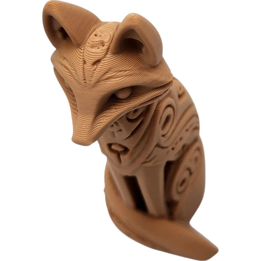 Wood-Carved Fox Totem Figurine – Mystical Forest Animal Sculpture in PLA with Wood – 3D Printed in Canada