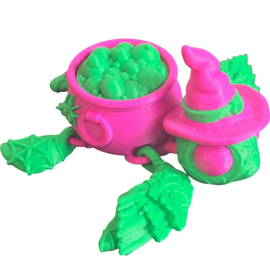 Witch Turtle Halloween Candy Holder – Articulated Witch Turtle Figurine with Cauldron Bowl – Cute Spooky Shelf Decor or Gift for Turtle Lovers – 3D Printed in Canada