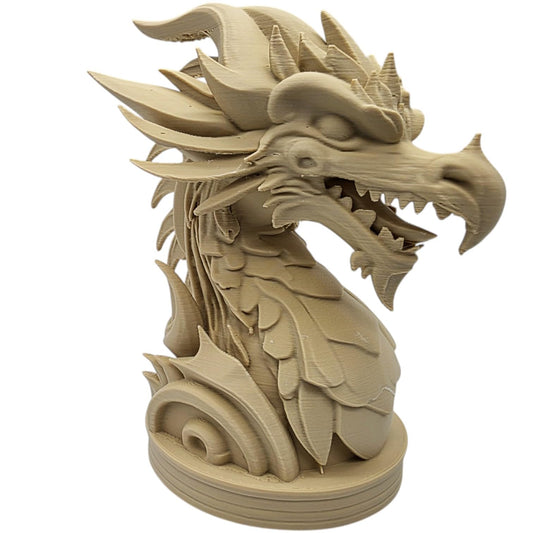 Wood-Carved Dragon Bust – Layered Fantasy Sculpture with Fierce Expression & Spiral Base – Mythical Display Statue for Shelf or Desk – 3D Printed in Canada
