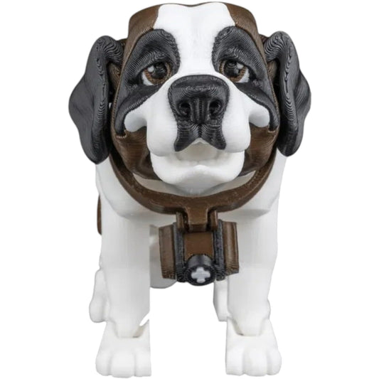 Bernie The St. Bernard – Articulated Dog Figurine with Barrel Accessory, Poseable Collectible Fidget Model for Display or Play – 3D Printed in Canada