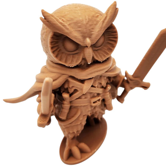 The Fighter Owl Figurine – Dual-Sword Fantasy Owl Warrior with Tactical Belt – Owls & Dragons Collection – Paintable Display Miniature – 3D Printed in Canada