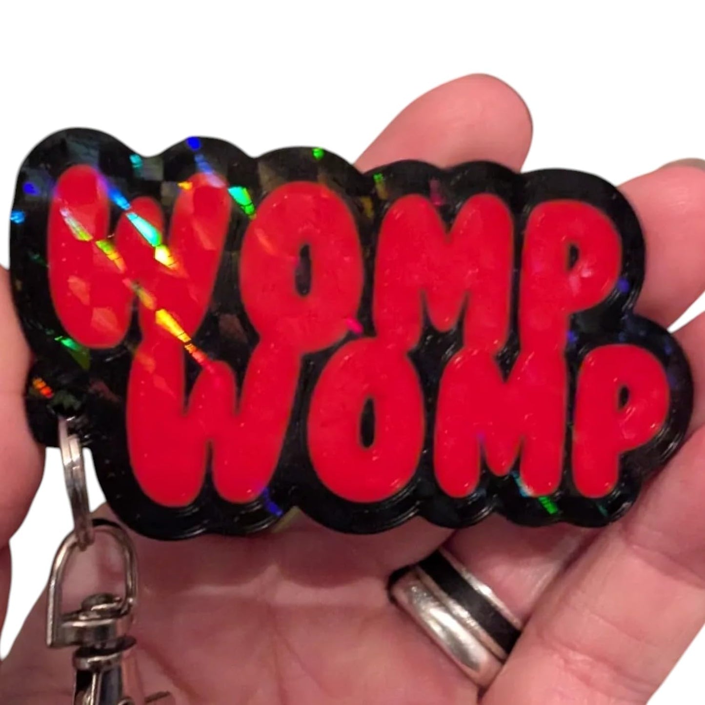 Womp Womp Keychain – Holographic Glossy Meme Tag with Bold Red Text – 3D Printed in Canada