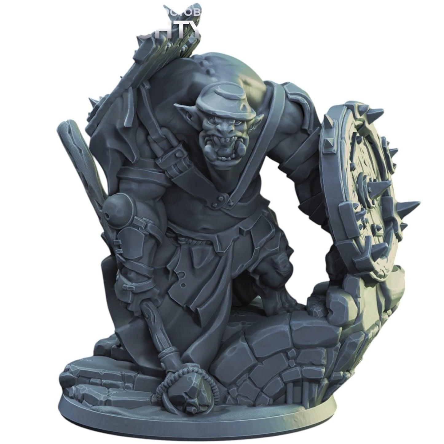 Kneeling Ogre Miniature – Armored Fantasy Ogre with Spiked Shield for Tabletop RPGs & Dioramas – 3D Printed in Canada