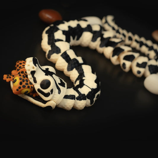 Articulated Ball Python Fidget Snake – Flexible Poseable Black & Cream Reptile Figurine for Desk Display or Stress Relief – 3D Printed in Canada