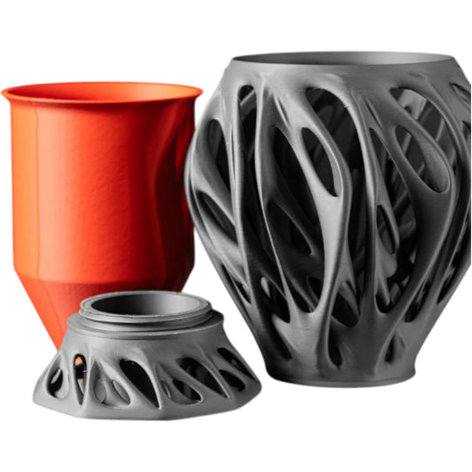 Black Sculptural Planter Pot with Organic Cutout Shell & Red Inner Core – Mantis-Inspired Indoor Statement Piece – 3D Printed in Canada