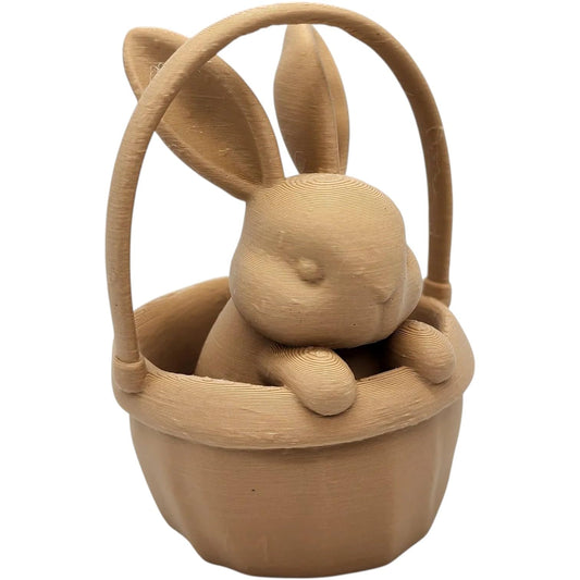 Rabbit in Basket Figurine – Cute Easter Bunny Shelf Decor, Paintable Spring Ornament – 3D Printed in Canada