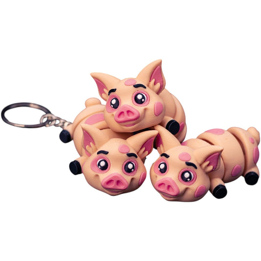 Adorable Flexible Pig Figurines – Set of 3 Poseable Cartoon-Style Pigs with Keychain Slot (No Keyring) – Cute Desk Companions & Fidget Decorations – 3D Printed in Canada
