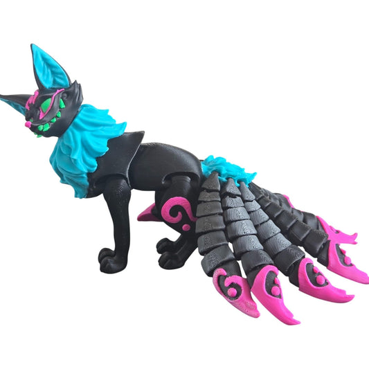 Neon Eclipse Nine-Tailed Kitsune Figurine – Articulated Celestial Fox Spirit with Magenta Swirls & Cyan Glow Accents – Cosmic Fantasy Display Piece – 3D Printed in Canada