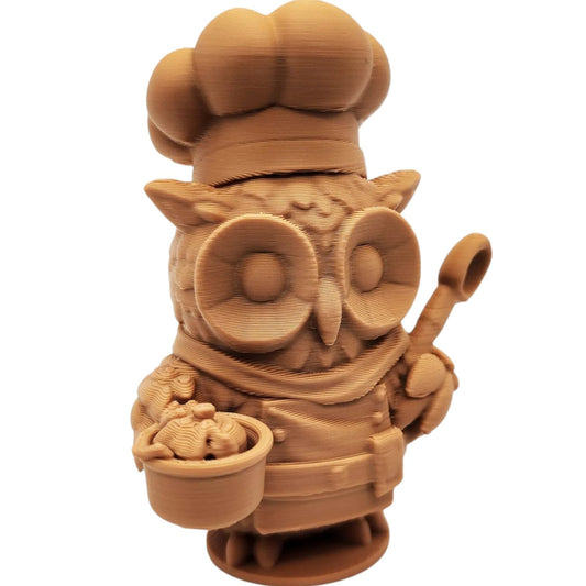 The Cook Owl Figurine – Fantasy Owl Chef with Spoon & Noodle Bowl – Owls & Dragons Collection – Paintable Culinary Display Miniature – 3D Printed in Canada