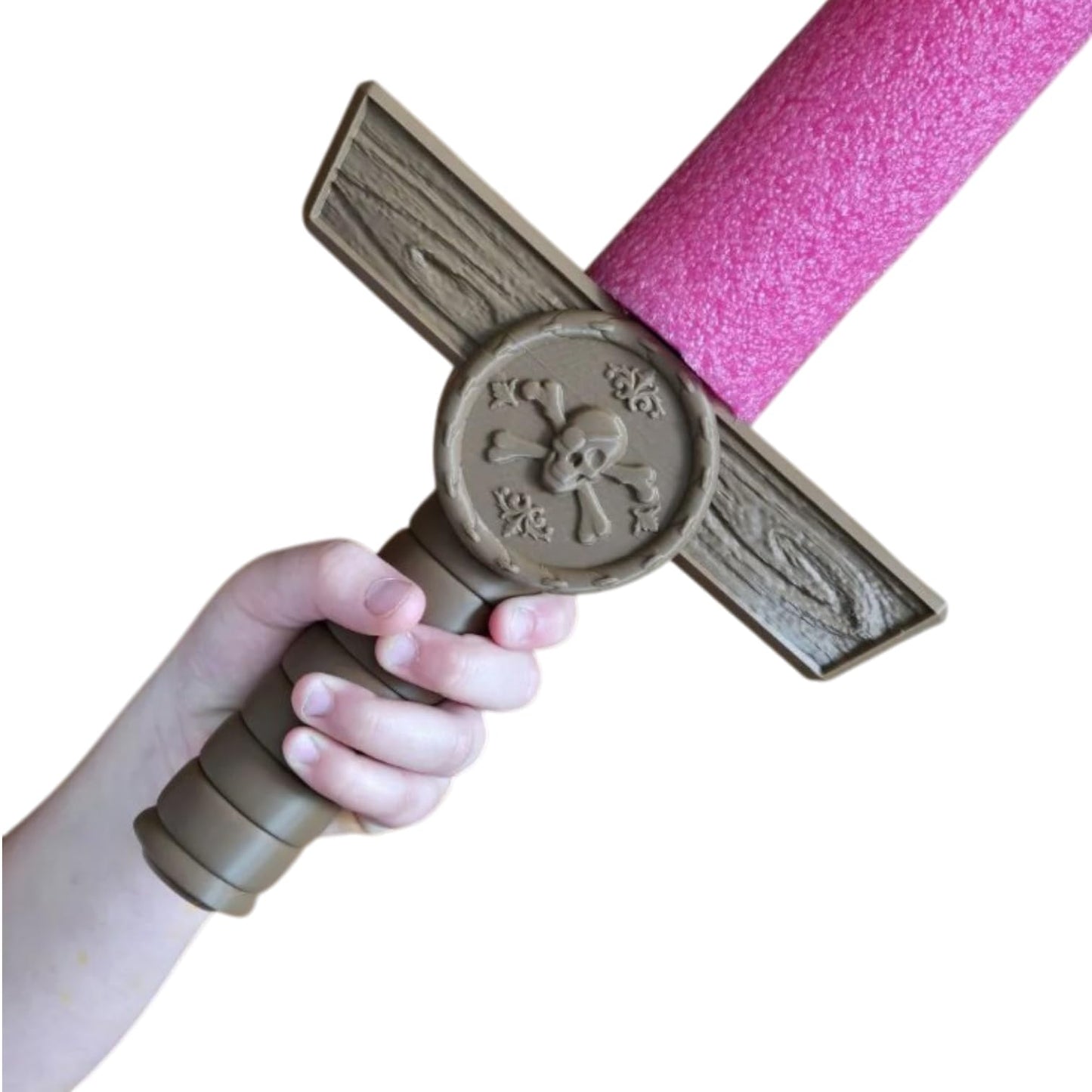 Pirate Pool Noodle Sword Handle – Skull Emblem Foam Blade Hilt with Woodgrain Crossguard for Cosplay, LARP & Nautical Roleplay – 3D Printed in Canada