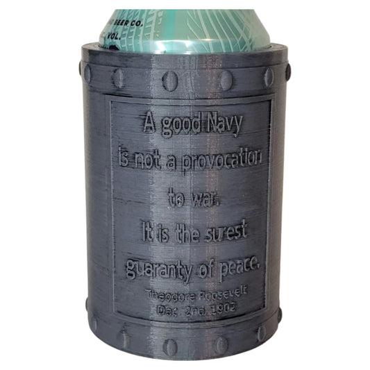 Theodore Roosevelt Naval Anchor Beer Can Holder – Steampunk-Inspired Navy Tribute Beverage Sleeve for 12oz Cans – Patriotic Gift for Veterans and Sailors